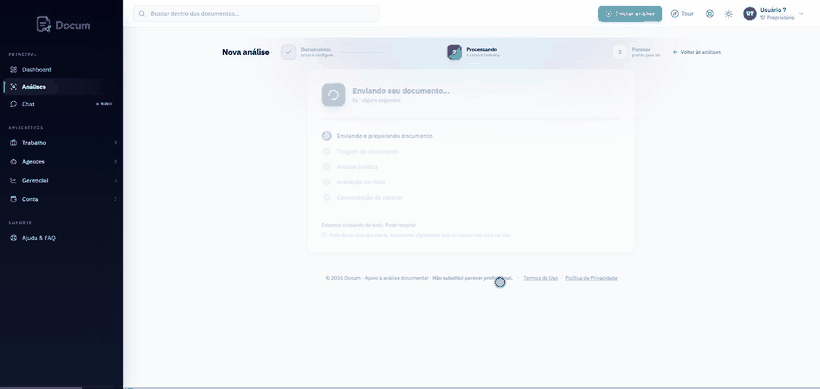 Gravação real da plataforma: envio do documento, acompanhamento da leitura e parecer com os trechos de origem.