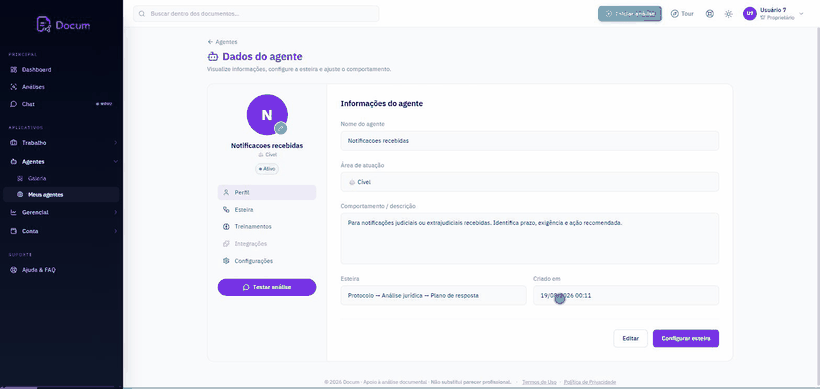 Gravação da tela: abrir as etapas de leitura do agente, percorrer cada passo, ajustar as instruções e salvar.