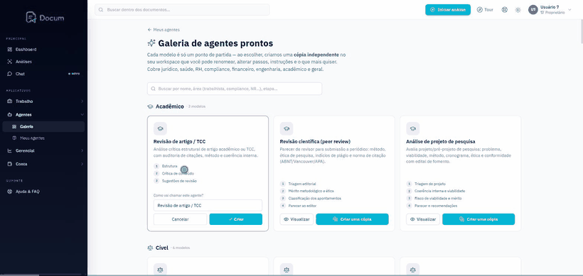 Gravação da tela: abrir a galeria, escolher um modelo pronto, dar um nome e criar o agente.